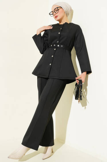 Kemerli Çıtçıtlı Ceket İkili Takım Siyah - İkili Takım