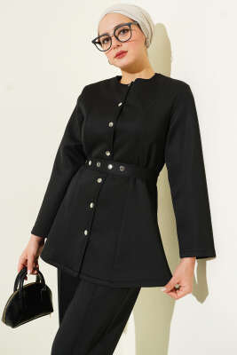 Kemerli Çıtçıtlı Ceket İkili Takım Siyah - İkili Takım