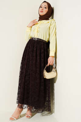 Kemerli Dantel Detaylı Etek Kahve - Etek