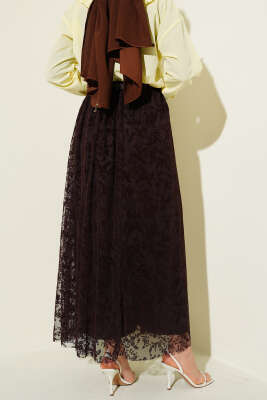 Kemerli Dantel Detaylı Etek Kahve - Etek