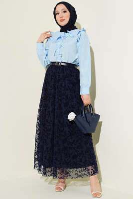 Kemerli Dantel Detaylı Etek Lacivert - Etek