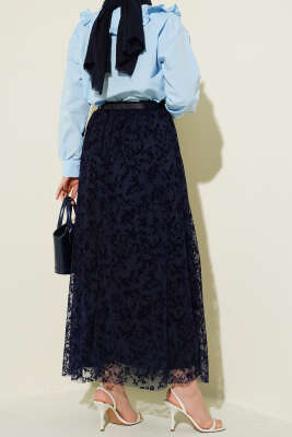 Kemerli Dantel Detaylı Etek Lacivert - Etek