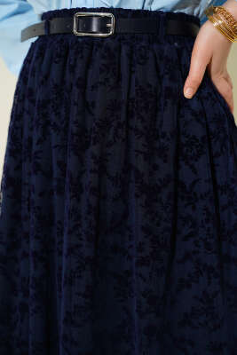 Kemerli Dantel Detaylı Etek Lacivert - Etek