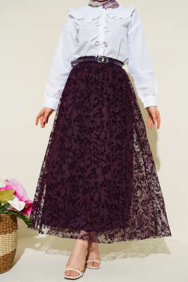 Kemerli Dantel Detaylı Etek Mor - FİXAY