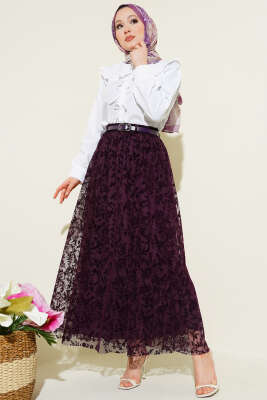 Kemerli Dantel Detaylı Etek Mor - Etek