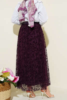 Kemerli Dantel Detaylı Etek Mor - Etek