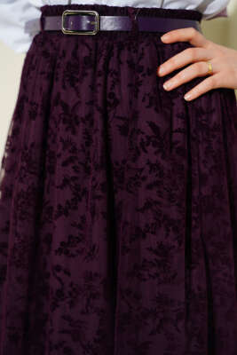 Kemerli Dantel Detaylı Etek Mor - Etek