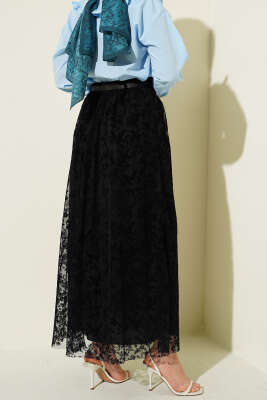 Kemerli Dantel Detaylı Etek Siyah - Etek