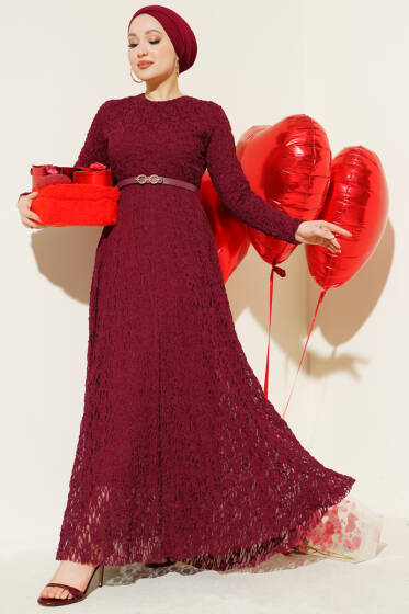 Kemerli Dantelli Kloş Elbise Bordo - Elbise