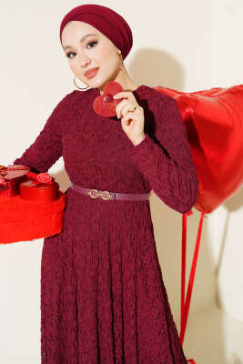 Kemerli Dantelli Kloş Elbise Bordo - Elbise