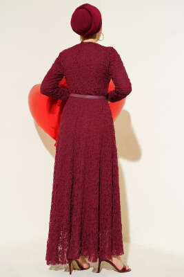 Kemerli Dantelli Kloş Elbise Bordo - Elbise