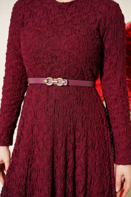 Kemerli Dantelli Kloş Elbise Bordo - Elbise