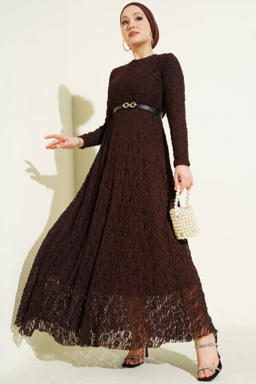 Kemerli Dantelli Kloş Elbise Kahve - Elbise