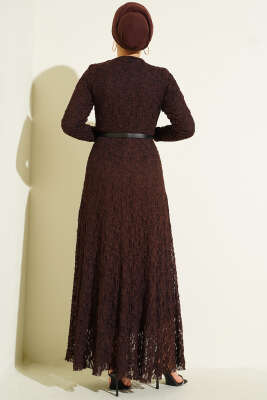 Kemerli Dantelli Kloş Elbise Kahve - Elbise