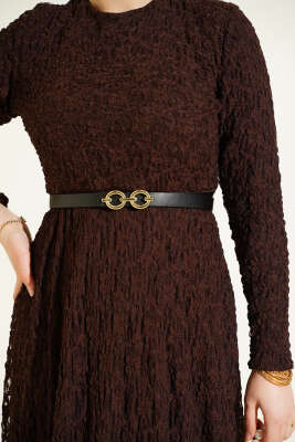 Kemerli Dantelli Kloş Elbise Kahve - Elbise