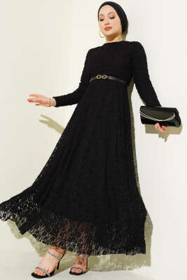Kemerli Dantelli Kloş Elbise Siyah - HATUN