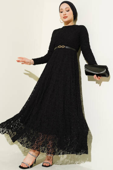 Kemerli Dantelli Kloş Elbise Siyah - Elbise