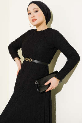 Kemerli Dantelli Kloş Elbise Siyah - Elbise