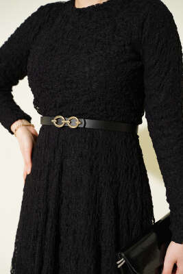 Kemerli Dantelli Kloş Elbise Siyah - Elbise