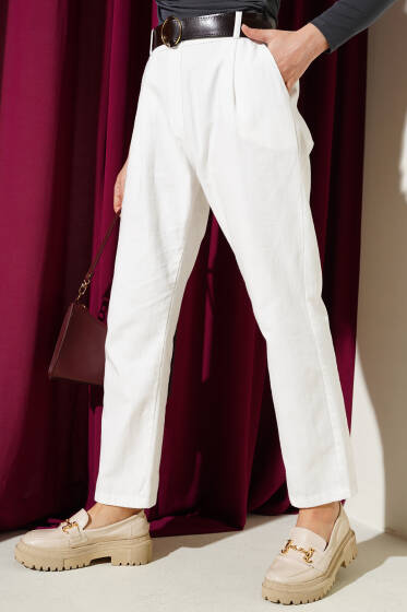 Kemerli Dar Paça Gabardin Pantolon Beyaz - Pantolon