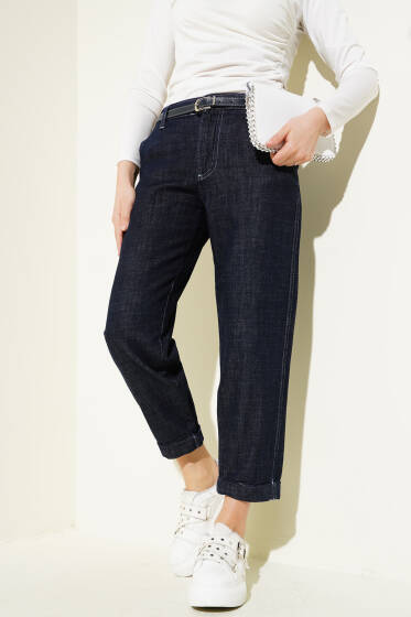 Kemerli Dar Paça Kot Pantolon Lacivert - Pantolon