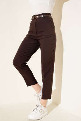 Kemerli Dar Paça Kumaş Pantolon Kahve - Kadın Giyim Modelleri