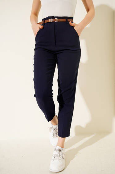 Kemerli Dar Paça Kumaş Pantolon Lacivert - Kadın Giyim Modelleri