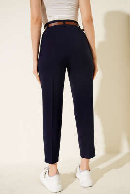 Kemerli Dar Paça Kumaş Pantolon Lacivert - Kadın Giyim Modelleri