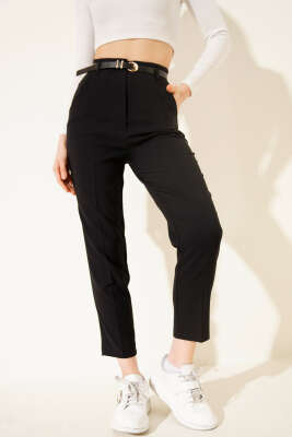 Kemerli Dar Paça Kumaş Pantolon Siyah - QUZU
