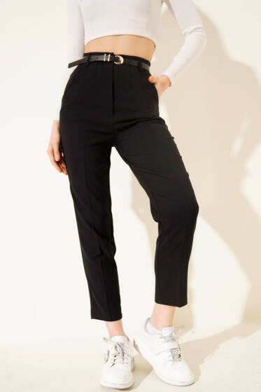Kemerli Dar Paça Kumaş Pantolon Siyah - Kadın Giyim Modelleri