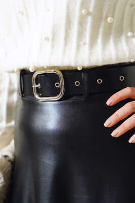 Kemerli Deri Çan Etek Siyah - Uzun Etek