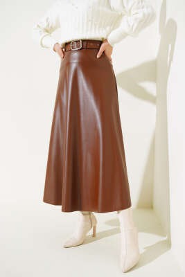Kemerli Deri Çan Etek Taba - Uzun Etek