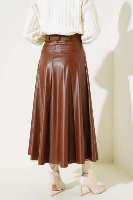 Kemerli Deri Çan Etek Taba - Uzun Etek