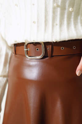 Kemerli Deri Çan Etek Taba - Uzun Etek