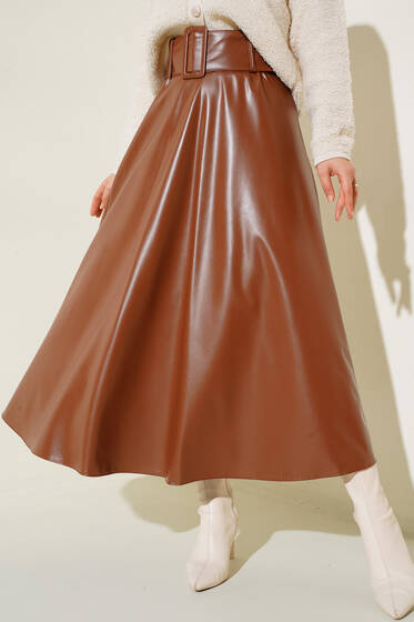 Kemerli Deri Etek Taba - Uzun Etek