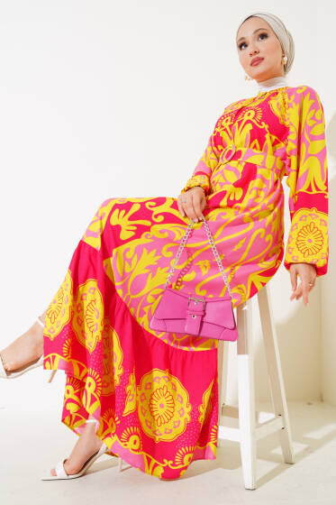 Kemerli Desenli Boydan Düğmeli Elbise Fuşya - Elbise