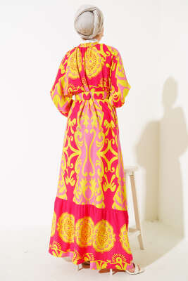 Kemerli Desenli Boydan Düğmeli Elbise Fuşya - Tesettür Elbise