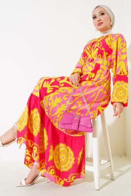 Kemerli Desenli Boydan Düğmeli Elbise Fuşya 