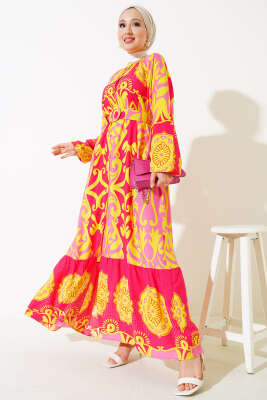 Kemerli Desenli Boydan Düğmeli Elbise Fuşya - Tesettür Elbise