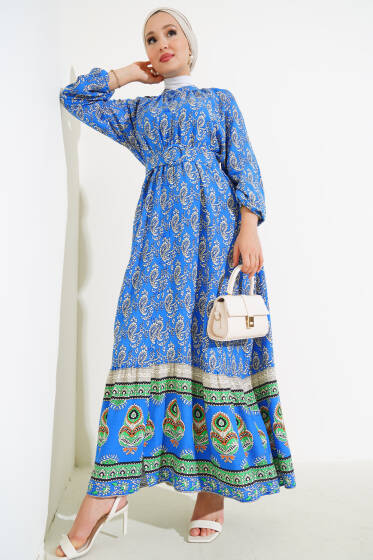 Kemerli Desenli Boydan Düğmeli Elbise İndigo - Elbise