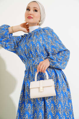 Kemerli Desenli Boydan Düğmeli Elbise İndigo - Tesettür Elbise