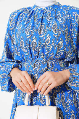 Kemerli Desenli Boydan Düğmeli Elbise İndigo - Tesettür Elbise