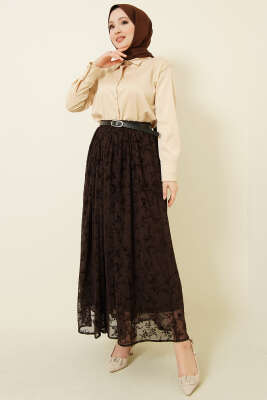 Kemerli Desenli Tül Etek Kahve - Etek
