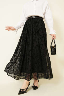 Kemerli Desenli Tül Etek Siyah - ASME