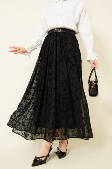 Kemerli Desenli Tül Etek Siyah - Bayram Kombinleri