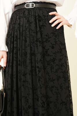 Kemerli Desenli Tül Etek Siyah - Bayram Kombinleri