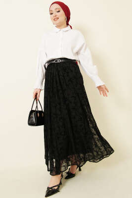 Kemerli Desenli Tül Etek Siyah - Etek
