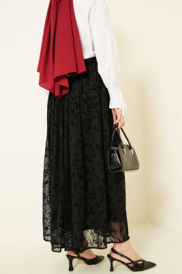 Kemerli Desenli Tül Etek Siyah - Etek