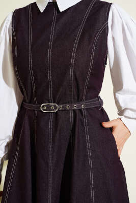 Kemerli Dikiş Detaylı Kot Jile Bordo - Elbise