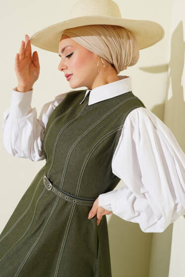 Kemerli Dikiş Detaylı Kot Jile Haki - Elbise